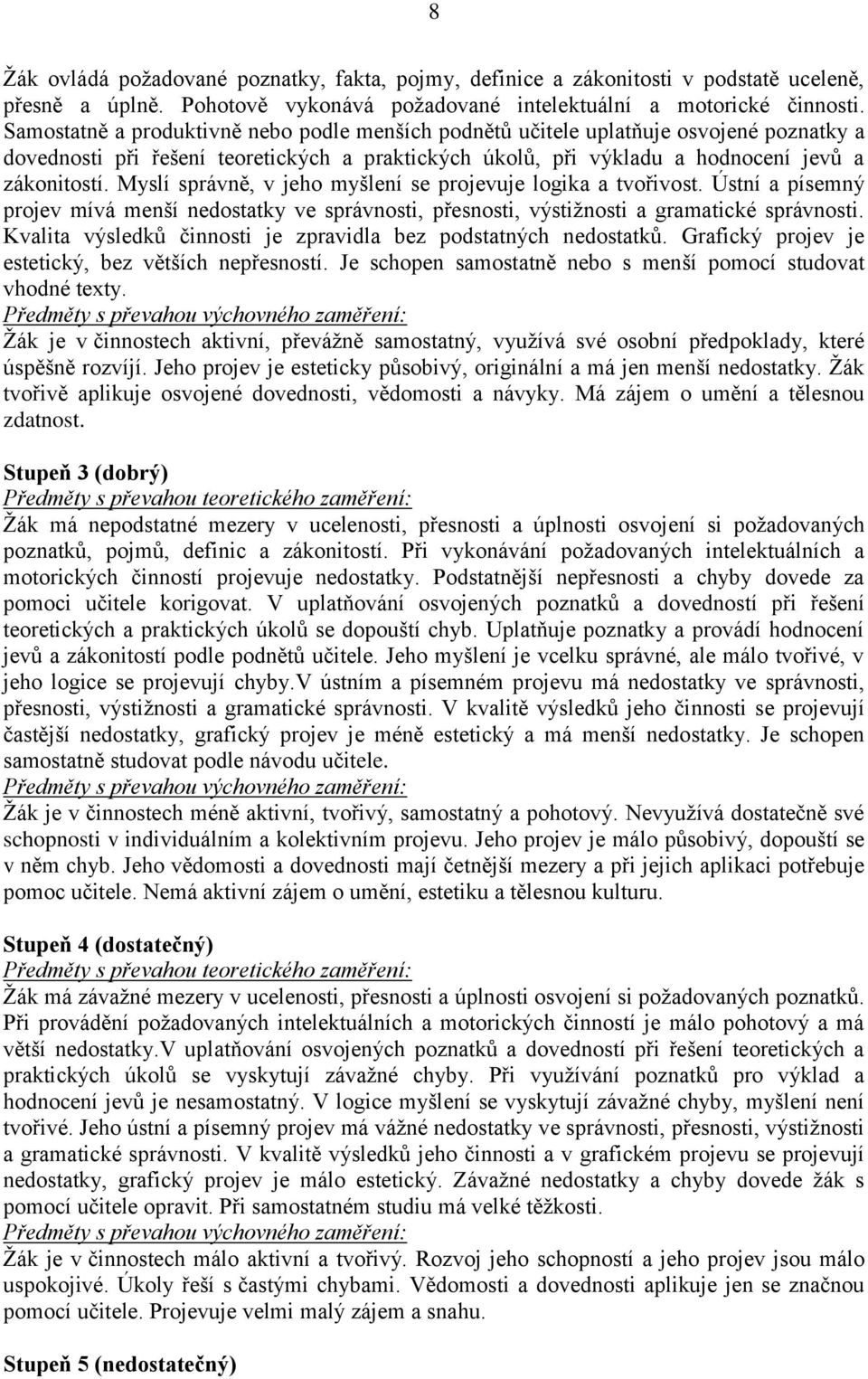 Myslí správně, v jeho myšlení se projevuje logika a tvořivost. Ústní a písemný projev mívá menší nedostatky ve správnosti, přesnosti, výstižnosti a gramatické správnosti.