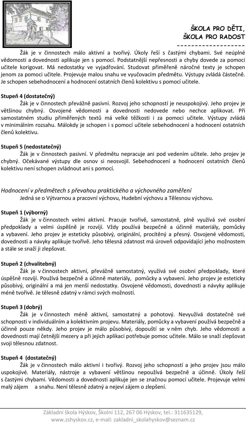 Je schopen sebehodnocení a hodnocení ostatních členů kolektivu s pomocí učitele. Stupeň 4 (dostatečný) Žák je v činnostech převážně pasivní. Rozvoj jeho schopností je neuspokojivý.