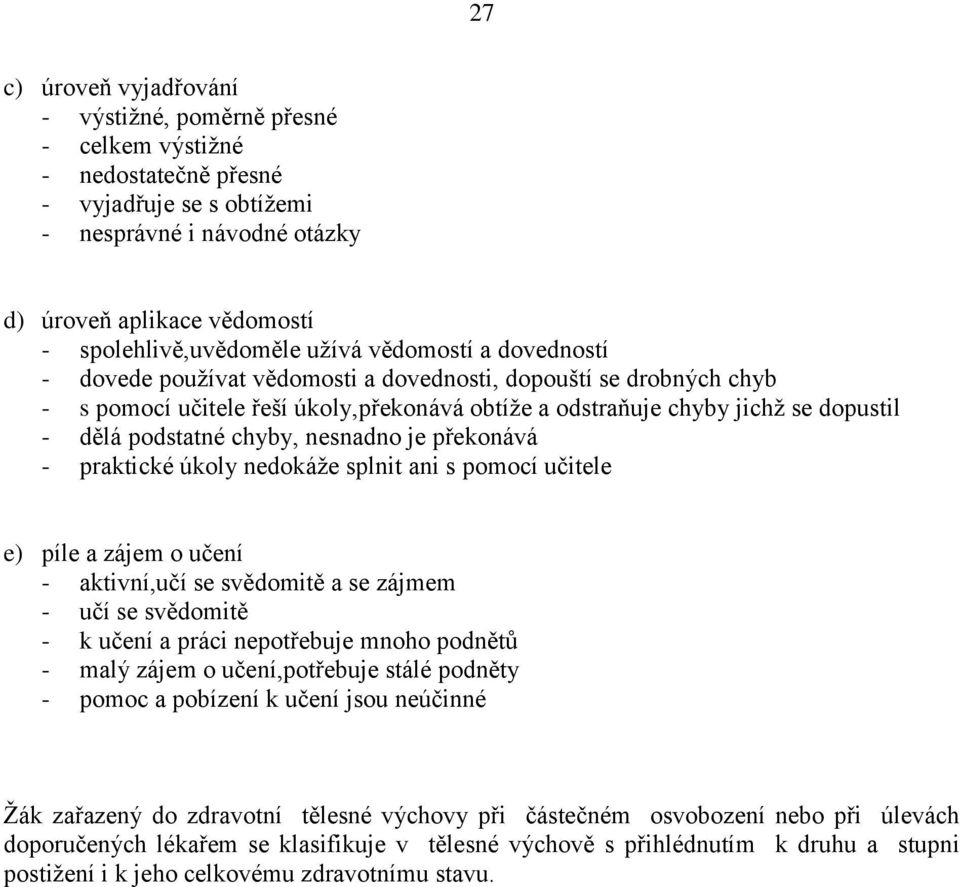 chyby, nesnadno je překonává - praktické úkoly nedokáţe splnit ani s pomocí učitele e) píle a zájem o učení - aktivní,učí se svědomitě a se zájmem - učí se svědomitě - k učení a práci nepotřebuje