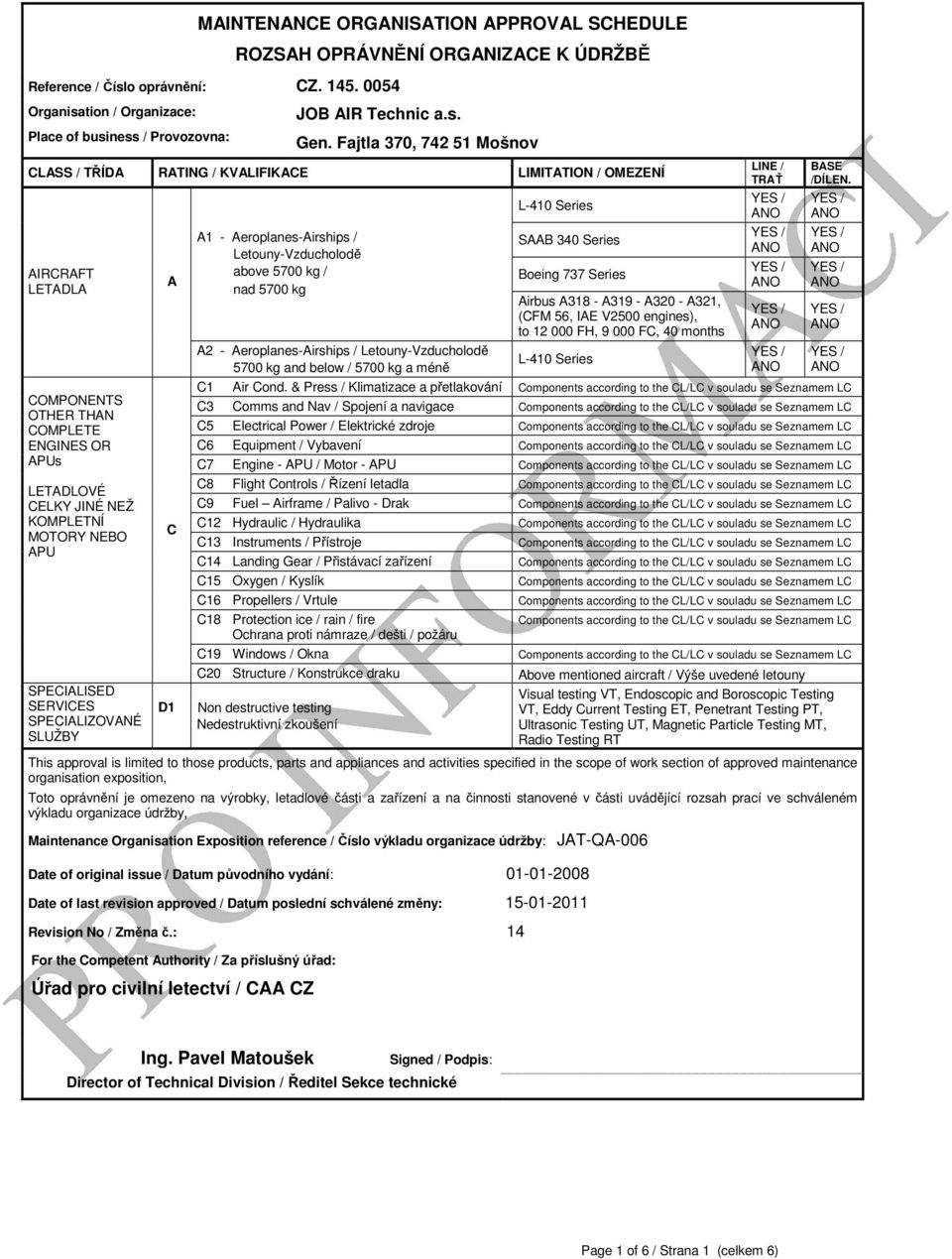 Fajtla 370, 742 51 Mošnov CLASS / TŘÍDA RATING / KVALIFIKACE LIMITATION / OMEZENÍ AIRCRAFT LETADLA COMPONENTS OTHER THAN COMPLETE ENGINES OR APUs LETADLOVÉ CELKY JINÉ NEŽ KOMPLETNÍ MOTORY NEBO APU