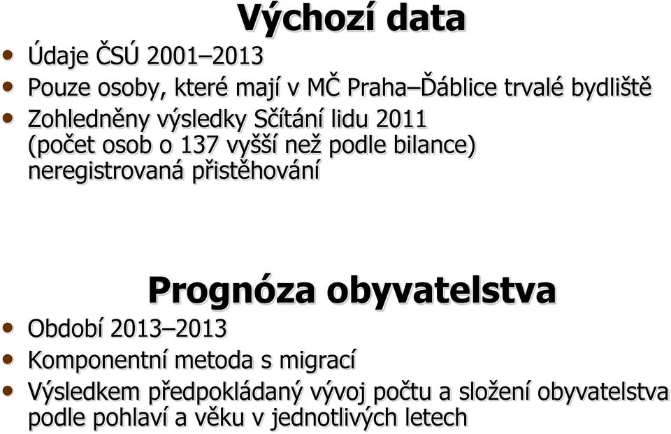 neregistrovaná přistěhování Prognóza obyvatelstva Období 2013 2013 Komponentní metoda s