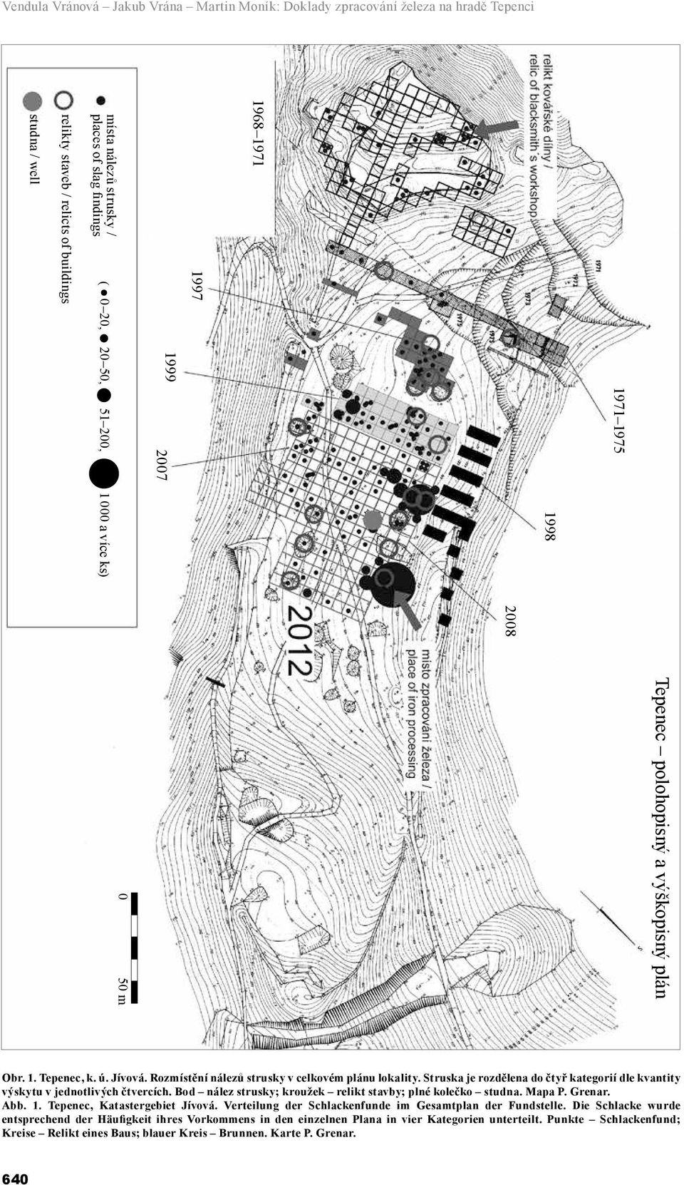 Struska je rozdělena do čtyř kategorií dle kvantity výskytu v jednotlivých čtvercích. Bod nález strusky; kroužek relikt stavby; plné kolečko studna. Mapa P. Grenar. Abb. 1.