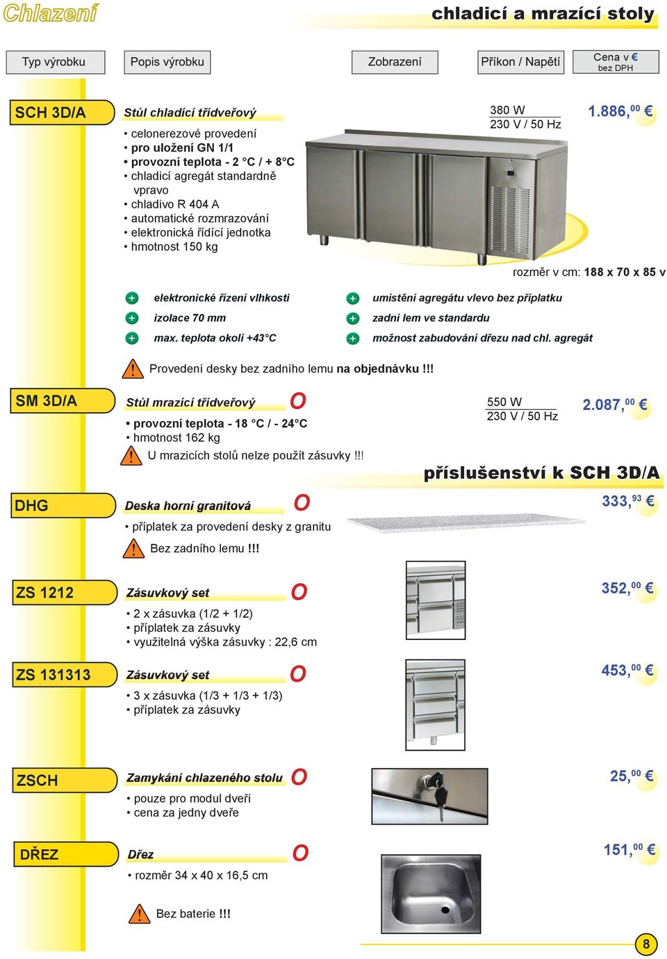 agregát SM 3D/ Provedení desky bez zadního lemu na objednávku!!! Stůl mrazící třídveřový provozní teplota - 18 C / - 24 C hmotnost 162 kg U mrazicích stolů nelze použít zásuvky!!! 550 W 2.