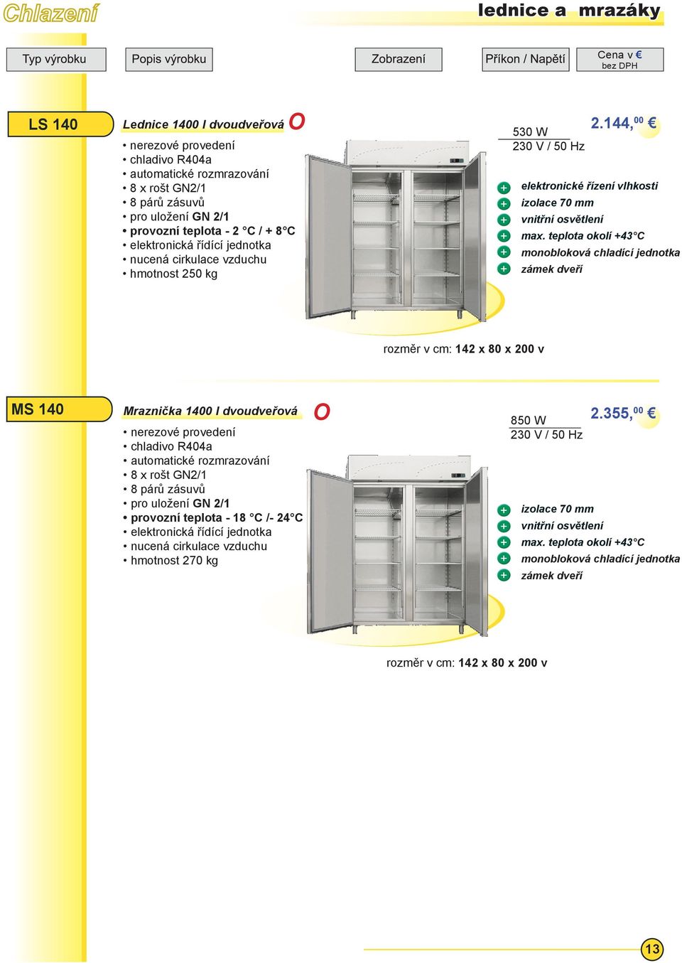 144, 00 elektronické řízení vlhkosti vnitřní osvětlení monobloková chladící jednotka zámek dveří rozměr v cm: 142 x 80 x 200 v MS 140 Mraznička 1400 l dvoudveřová 2.