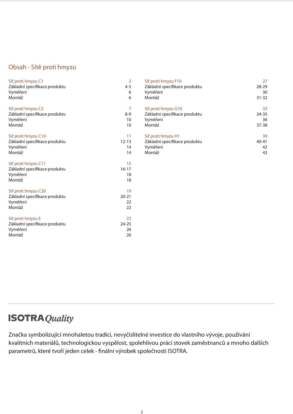 34-35 Vyměření 36 Montáž 37-38 Síť proti hmyzu H1 39 Základní specifikace produktu 40-41 Vyměření 42 Montáž 43 Síť proti hmyzu C11 15 Základní specifikace produktu 16-17 Vyměření 18 Montáž 18 Síť