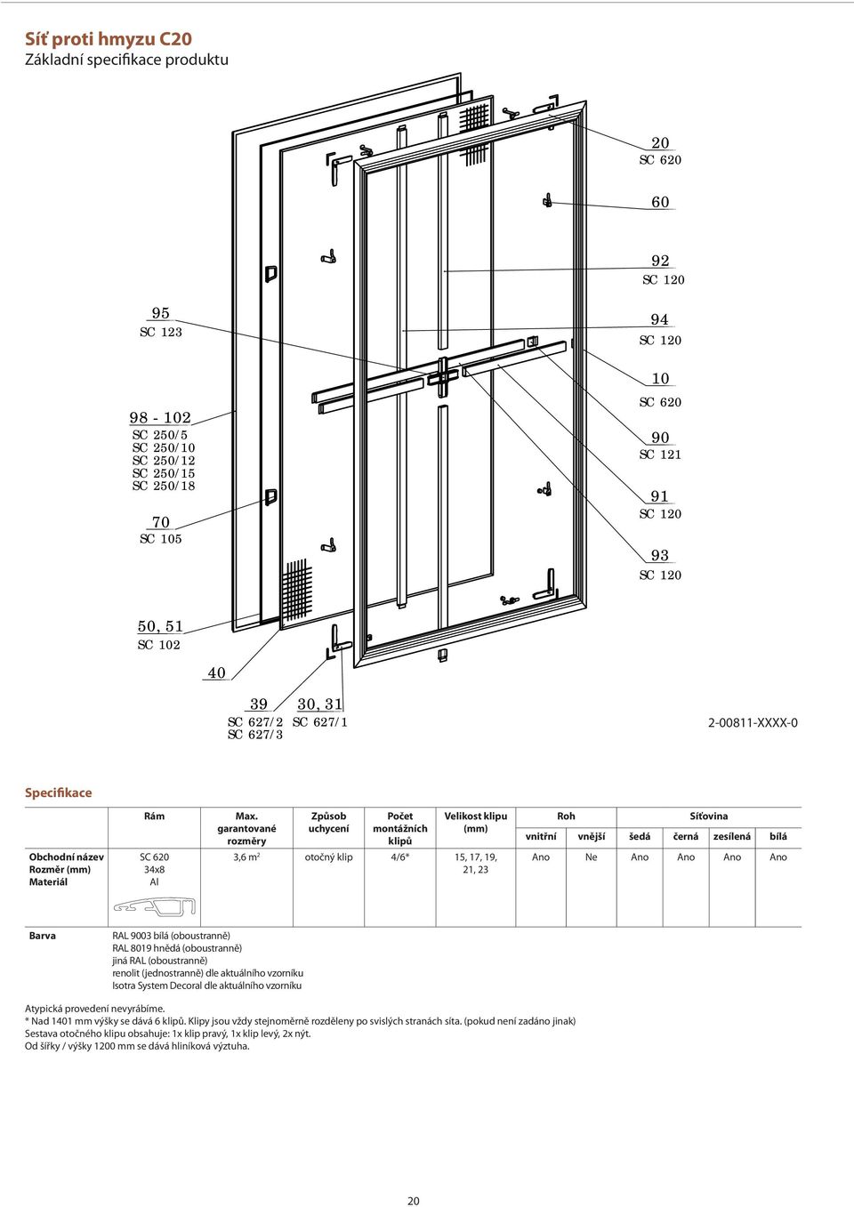 garantované rozměry Způsob uchycení Počet montážních klipů Velikost klipu (mm) 3,6 m 2 otočný klip 4/6* 15, 17, 19, 21, 23 Roh Síťovina vnitřní vnější šedá černá zesílená bílá Ano Ne Ano Ano Ano Ano