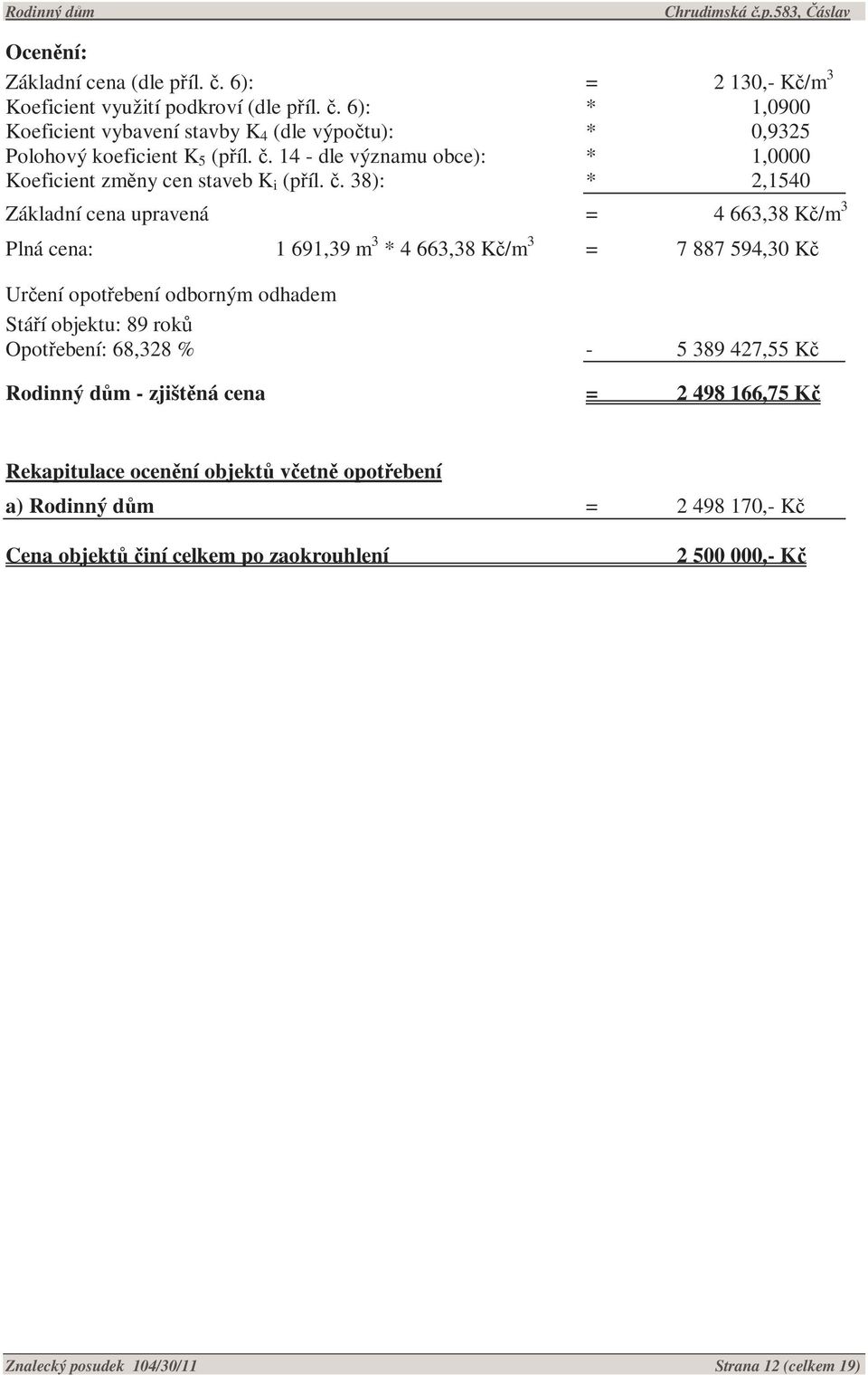 38): * 2,1540 Základní cena upravená = 4 663,38 Kč/m 3 Plná cena: 1 691,39 m 3 * 4 663,38 Kč/m 3 = 7 887 594,30 Kč Určení opotřebení odborným odhadem Stáří objektu: 89 roků
