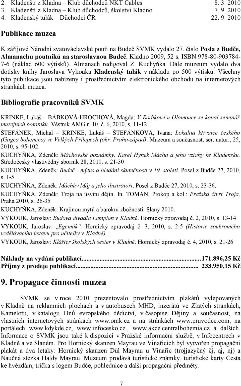 Kladno 2009, 52 s. ISBN 978-80-903784-7-6 (náklad 600 výtisků). Almanach redigoval Z. Kuchyňka. Dále muzeum vydalo dva dotisky knihy Jaroslava Vykouka Kladenský tulák v nákladu po 500 výtisků.