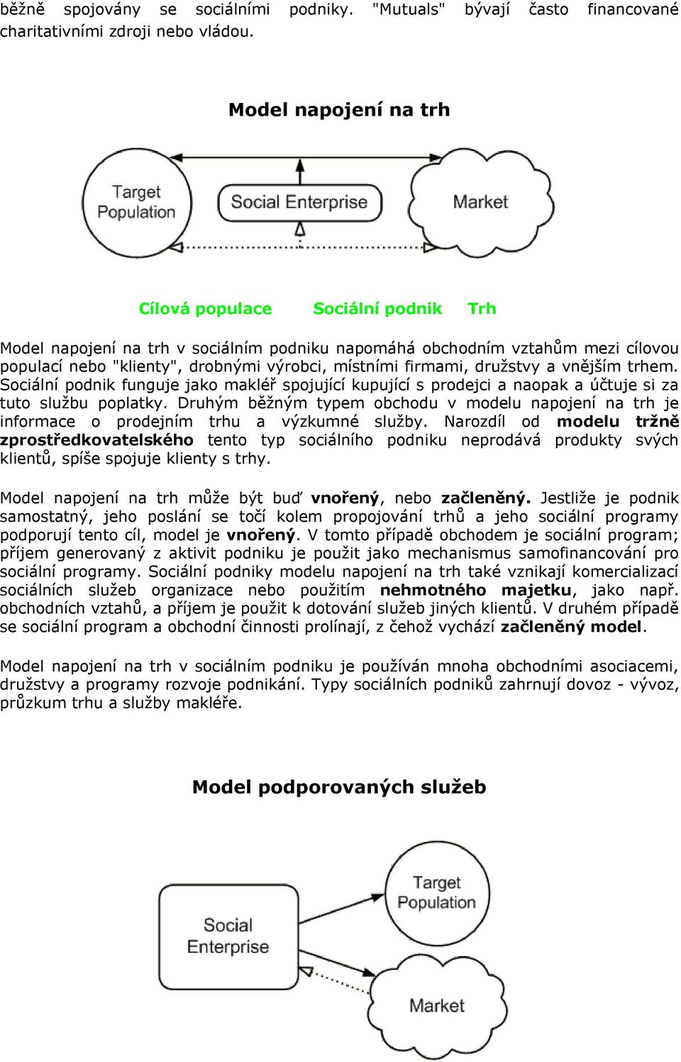 firmami, družstvy a vnějším trhem. Sociální podnik funguje jako makléř spojující kupující s prodejci a naopak a účtuje si za tuto službu poplatky.