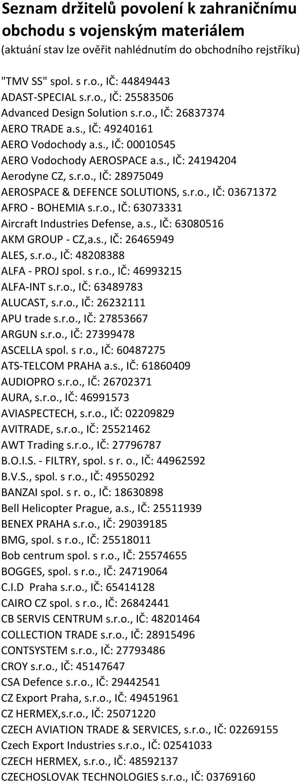 r.o., IČ: 63073331 Aircraft Industries Defense, a.s., IČ: 63080516 AKM GROUP - CZ,a.s., IČ: 26465949 ALES, s.r.o., IČ: 48208388 ALFA - PROJ spol. s r.o., IČ: 46993215 ALFA-INT s.r.o., IČ: 63489783 ALUCAST, s.