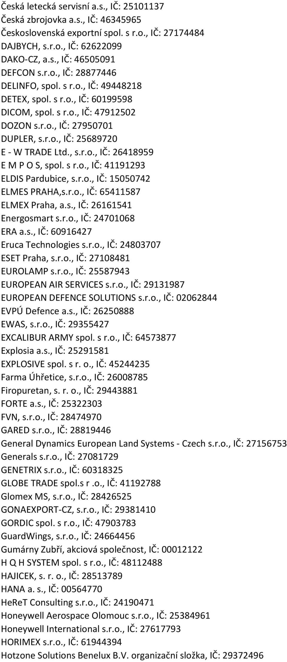 s r.o., IČ: 41191293 ELDIS Pardubice, s.r.o., IČ: 15050742 ELMES PRAHA,s.r.o., IČ: 65411587 ELMEX Praha, a.s., IČ: 26161541 Energosmart s.r.o., IČ: 24701068 ERA a.s., IČ: 60916427 Eruca Technologies s.