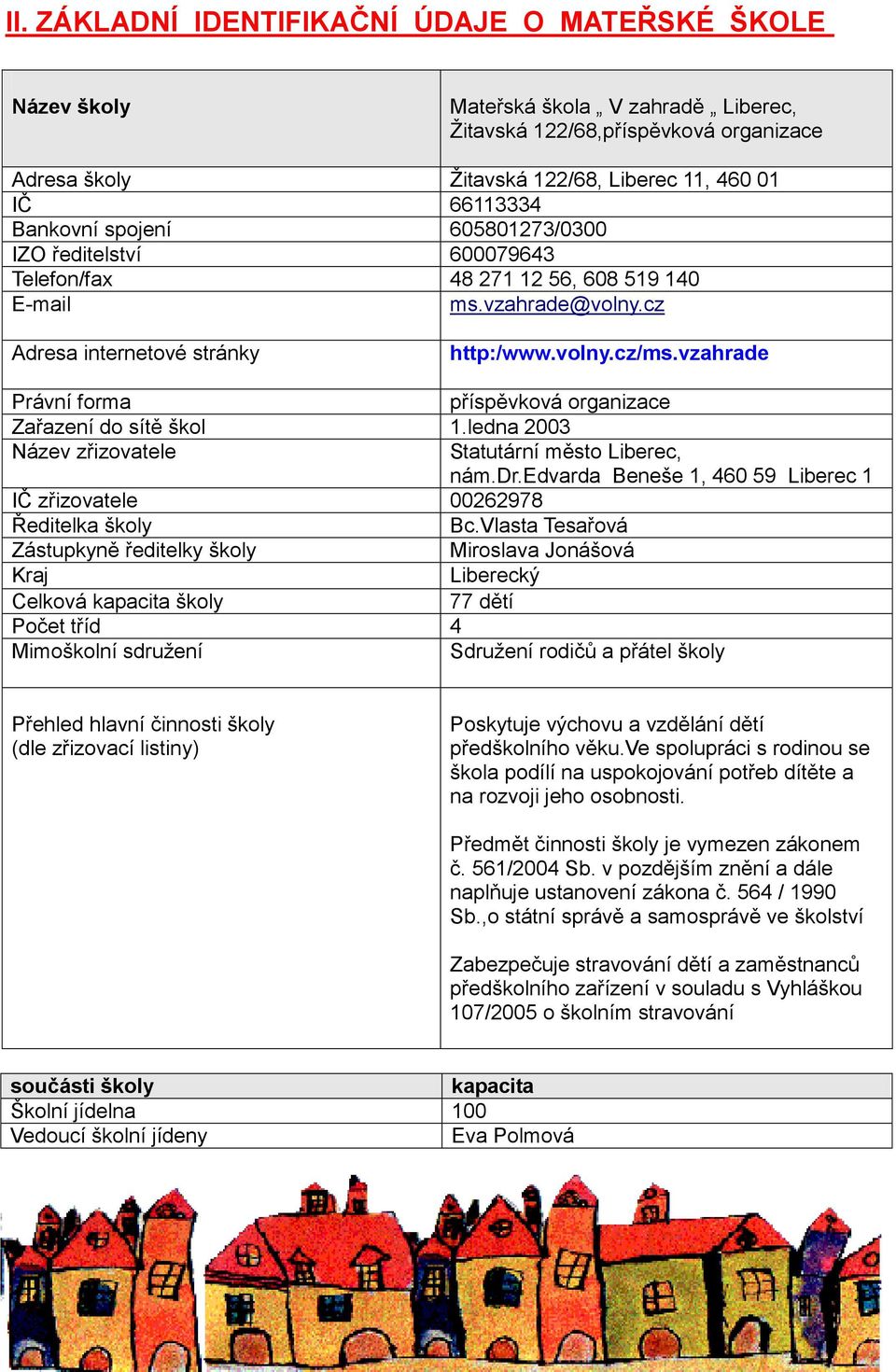 vzahrade Právní forma příspěvková organizace Zařazení do sítě škol 1.ledna 2003 Název zřizovatele Statutární město Liberec, nám.dr.