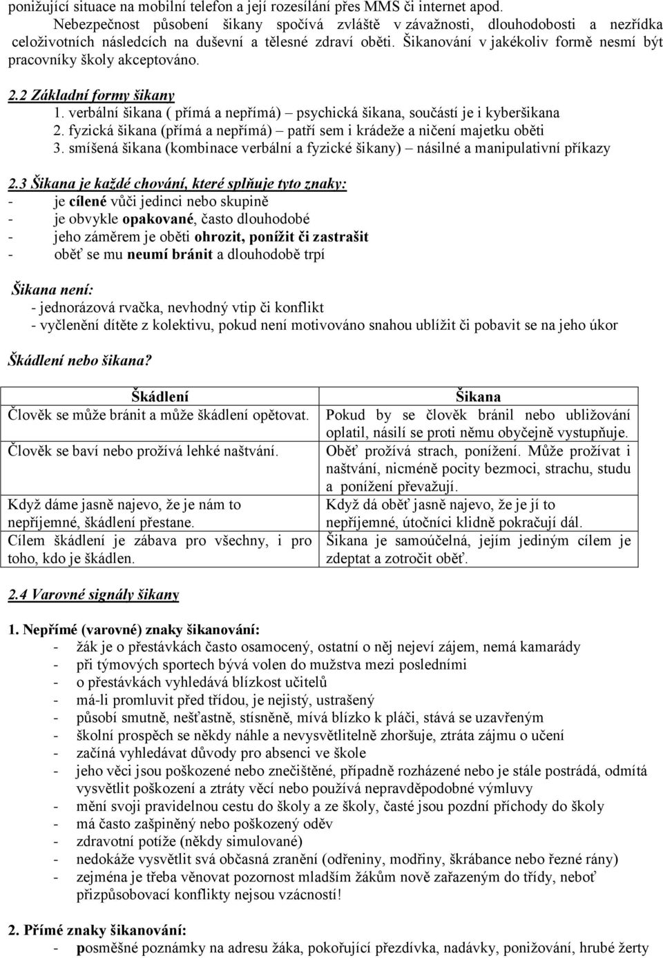 Šikanování v jakékoliv formě nesmí být pracovníky školy akceptováno. 2.2 Základní formy šikany 1. verbální šikana ( přímá a nepřímá) psychická šikana, součástí je i kyberšikana 2.