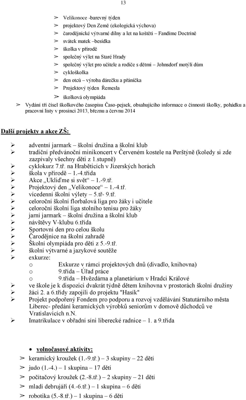 Časo-pejsek, obsahujícího informace o činnosti školky, pohádku a pracovní listy v prosinci 2013, březnu a červnu 2014 Další projekty a akce ZŠ: adventní jarmark školní družina a školní klub tradiční