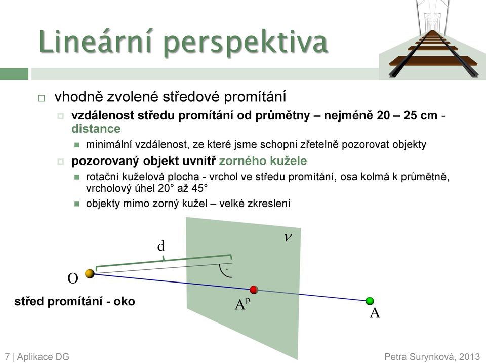 zorného kužele rotační kuželová plocha - vrchol ve středu promítání, osa kolmá k průmětně, vrcholový úhel 20