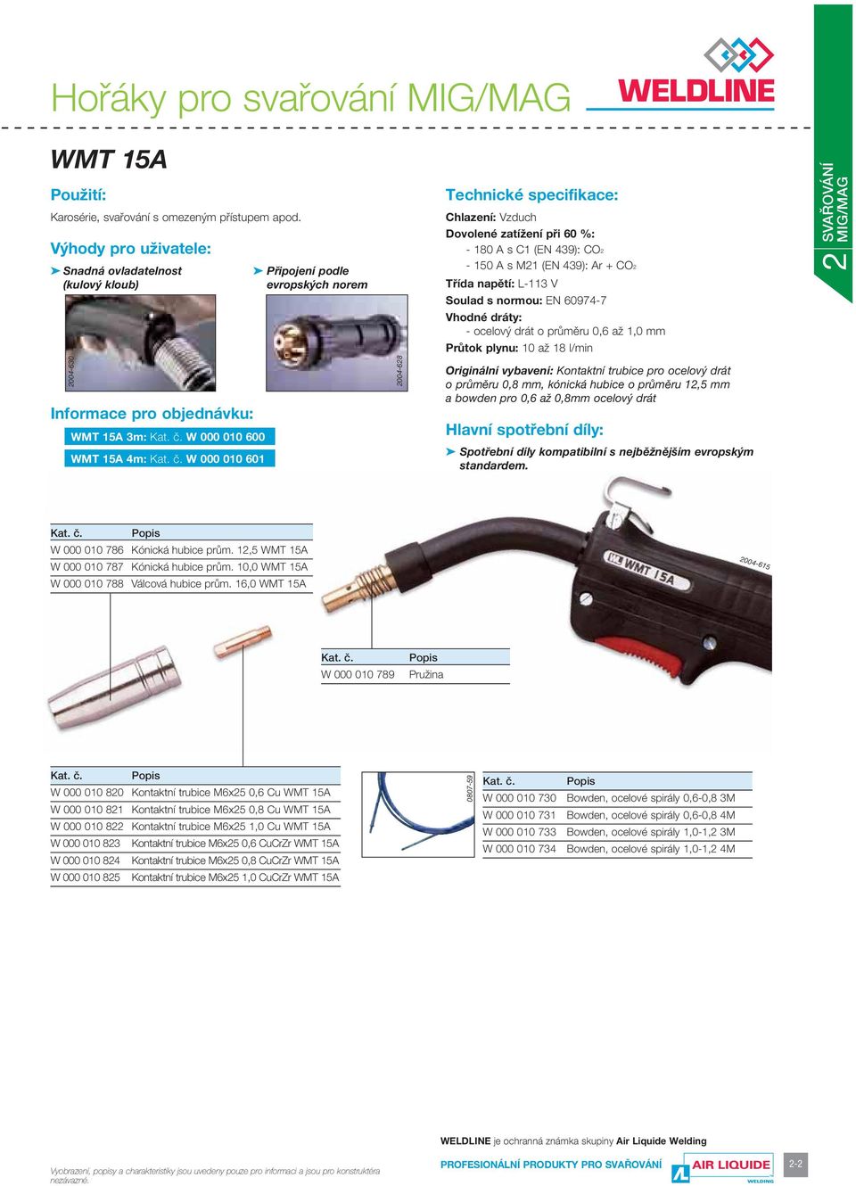 (EN 439): Ar + CO2 Tøída napìtí: L-113 V Soulad s normou: EN 60974-7 Vhodné dráty: - ocelový drát o prùmìru 0,6 až 1,0 mm Prùtok plynu: 10 až 18 l/min 2 MIG/MAG SVAØOVÁNÍ 2004-630 Informace pro