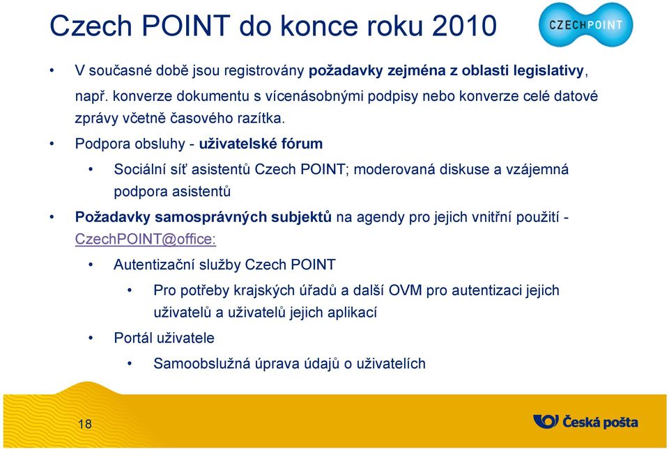 Podpora obsluhy - uživatelské fórum Sociální síť asistentů Czech POINT; moderovaná diskuse a vzájemná podpora asistentů Požadavky samosprávných subjektů