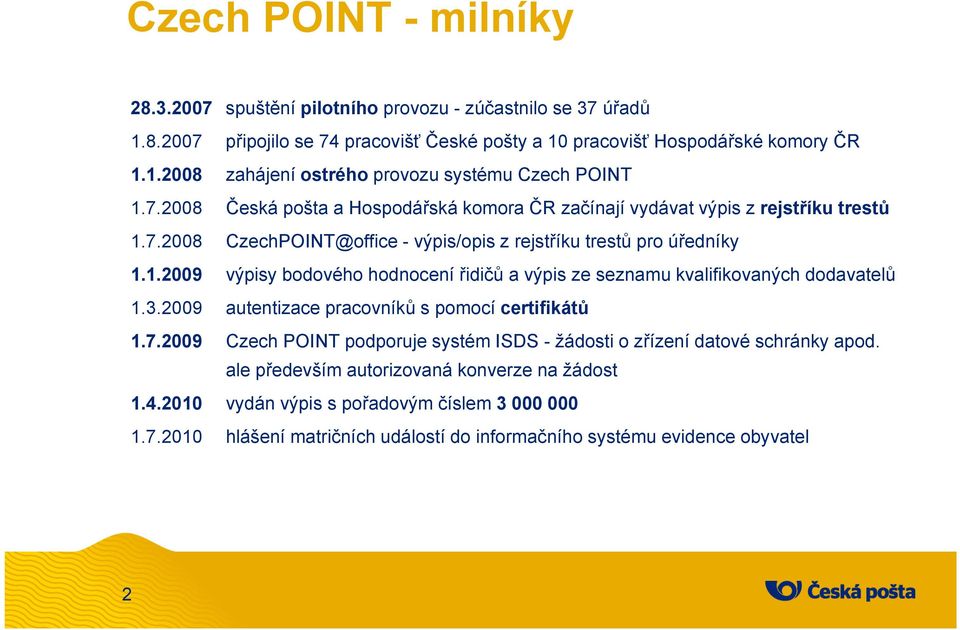 3.2009 autentizace pracovníků s pomocí certifikátů 1.7.2009 Czech POINT podporuje systém ISDS - žádosti o zřízení datové schránky apod. ale především autorizovaná konverze na žádost 1.4.