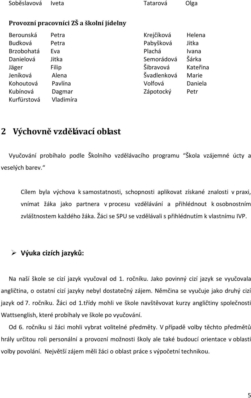 probíhalo podle Školního vzdělávacího programu Škola vzájemné úcty a veselých barev.