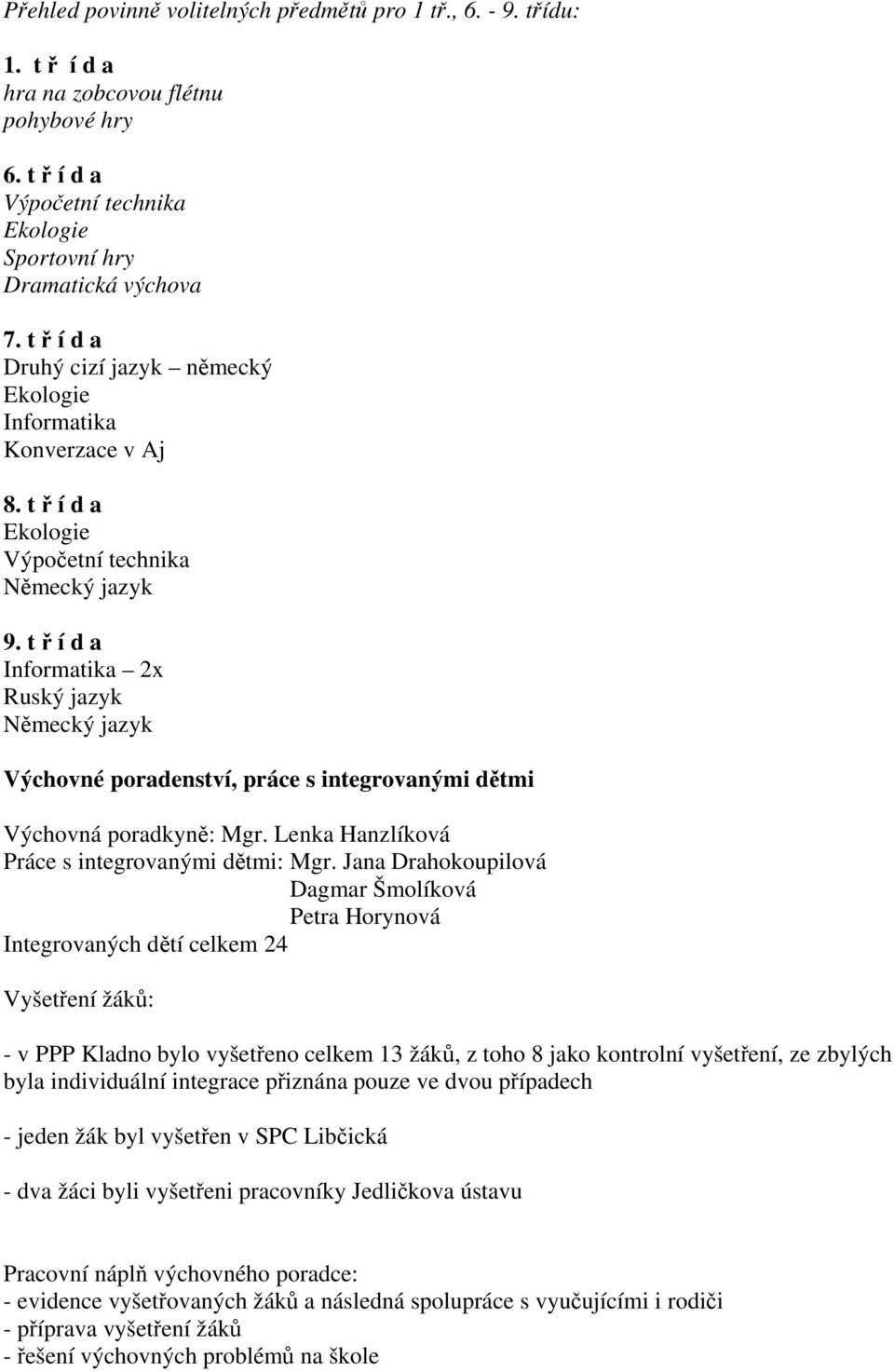 t ř í d a Informatika 2x Ruský jazyk Německý jazyk Výchovné poradenství, práce s integrovanými dětmi Výchovná poradkyně: Mgr. Lenka Hanzlíková Práce s integrovanými dětmi: Mgr.