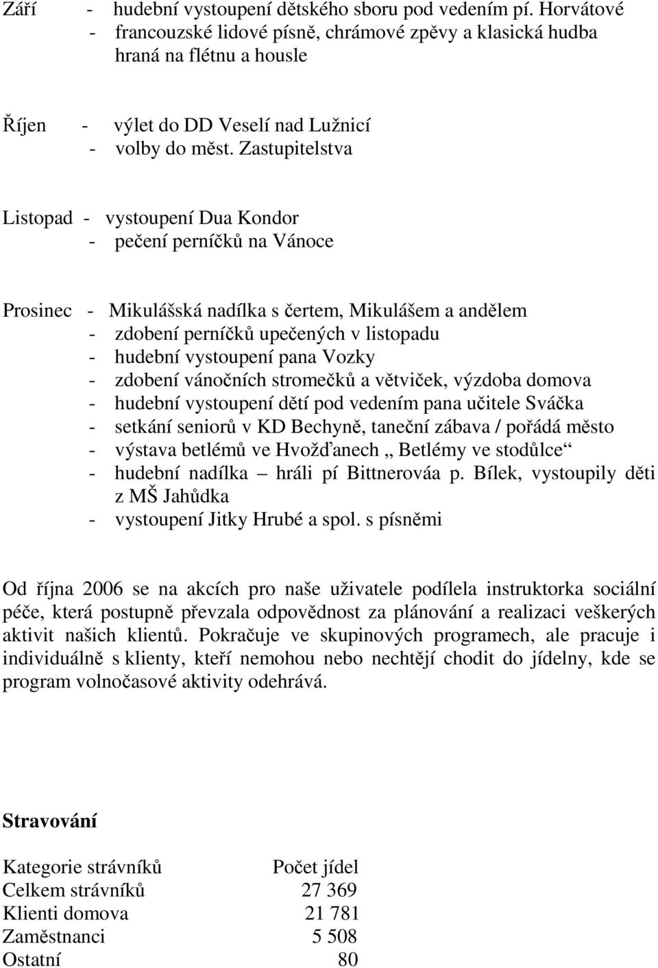 Zastupitelstva Listopad - vystoupení Dua Kondor - pečení perníčků na Vánoce Prosinec - Mikulášská nadílka s čertem, Mikulášem a andělem - zdobení perníčků upečených v listopadu - hudební vystoupení