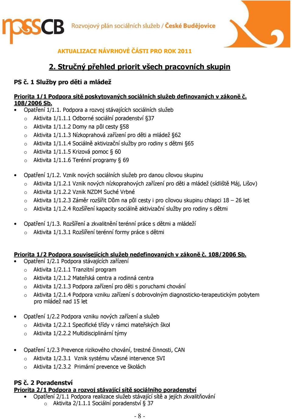 1.5 Krizová pomoc 60 o Aktivita 1/1.1.6 Terénní programy 69 Opatření 1/1.2. Vznik nových sociálních služeb pro danou cílovou skupinu o Aktivita 1/1.2.1 Vznik nových nízkoprahových zařízení pro děti a mládež (sídliště Máj, Lišov) o Aktivita 1/1.