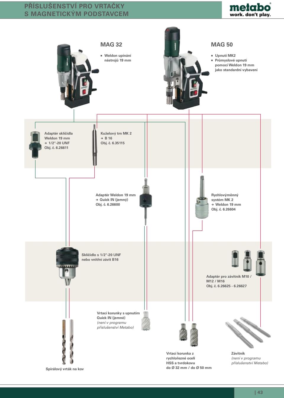 26600 Rychlovýměnný systém MK 2 ÎÎWeldon 19 6.26604 Sklíčidlo s 1/2"-20 UNF nebo vnitřní závit B16 Adaptér pro závitník M10 / M12 / M16 6.26625-6.