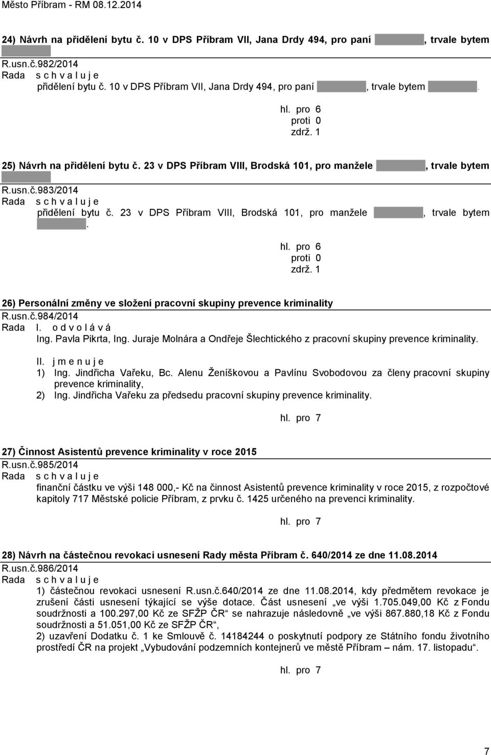 23 v DPS Příbram VIII, Brodská 101, pro manžele, trvale bytem. hl. pro 6 proti 0 zdrž. 1 26) Personální změny ve složení pracovní skupiny prevence kriminality R.usn.č.984/2014 Rada I.