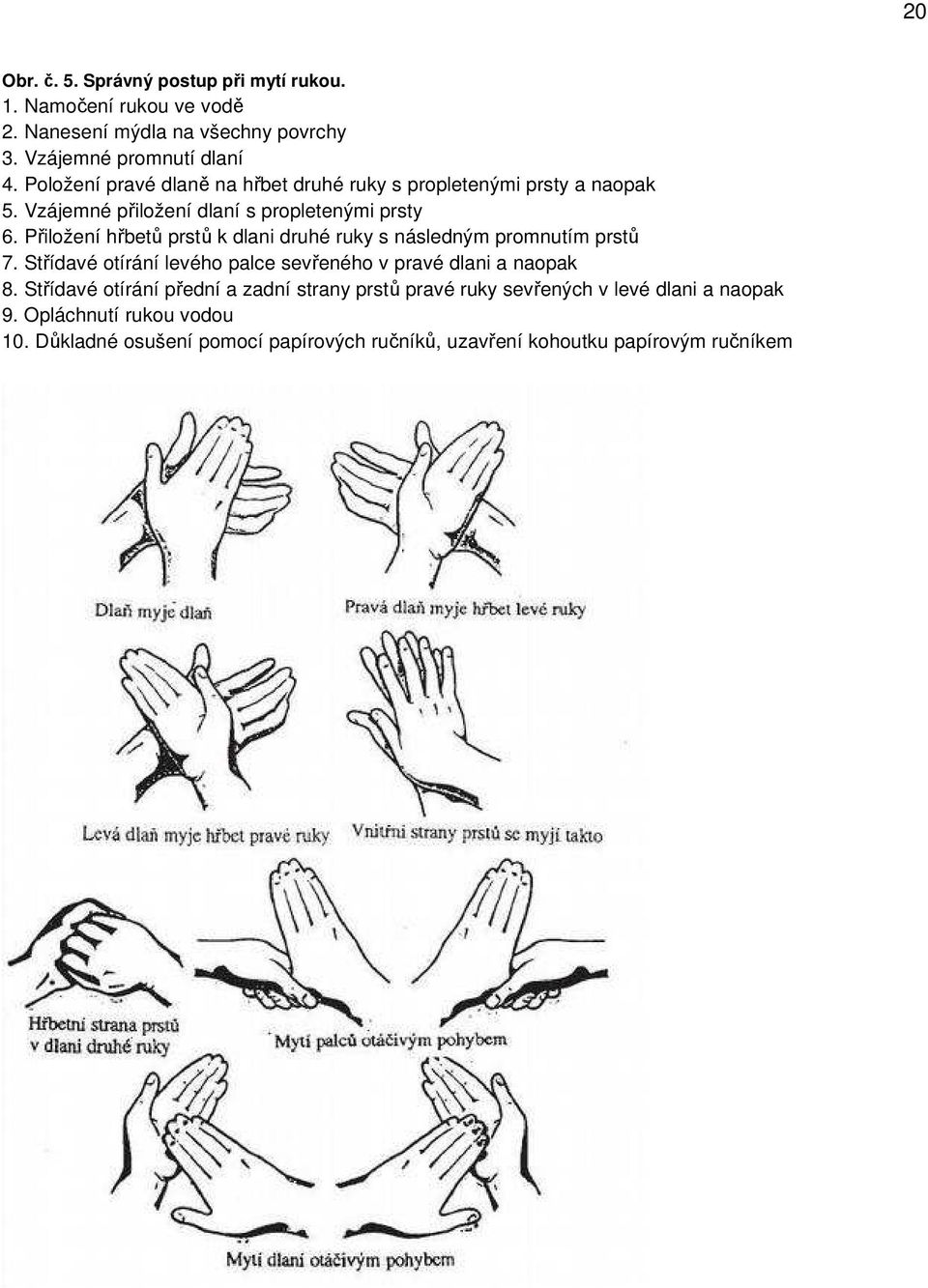Přiložení hřbetů prstů k dlani druhé ruky s následným promnutím prstů 7. Střídavé otírání levého palce sevřeného v pravé dlani a naopak 8.