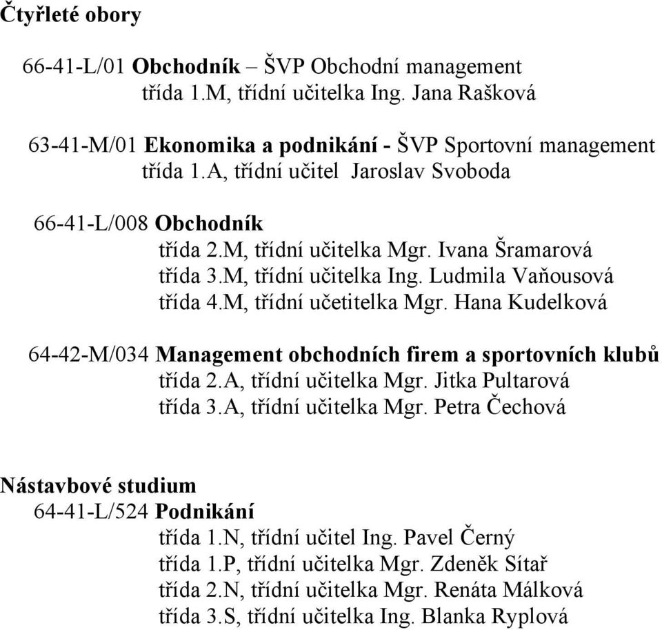 Hana Kudelková 64-42-M/034 Management obchodních firem a sportovních klubů třída 2.A, třídní učitelka Mgr. Jitka Pultarová třída 3.A, třídní učitelka Mgr. Petra Čechová Nástavbové studium 64-41-L/524 Podnikání třída 1.