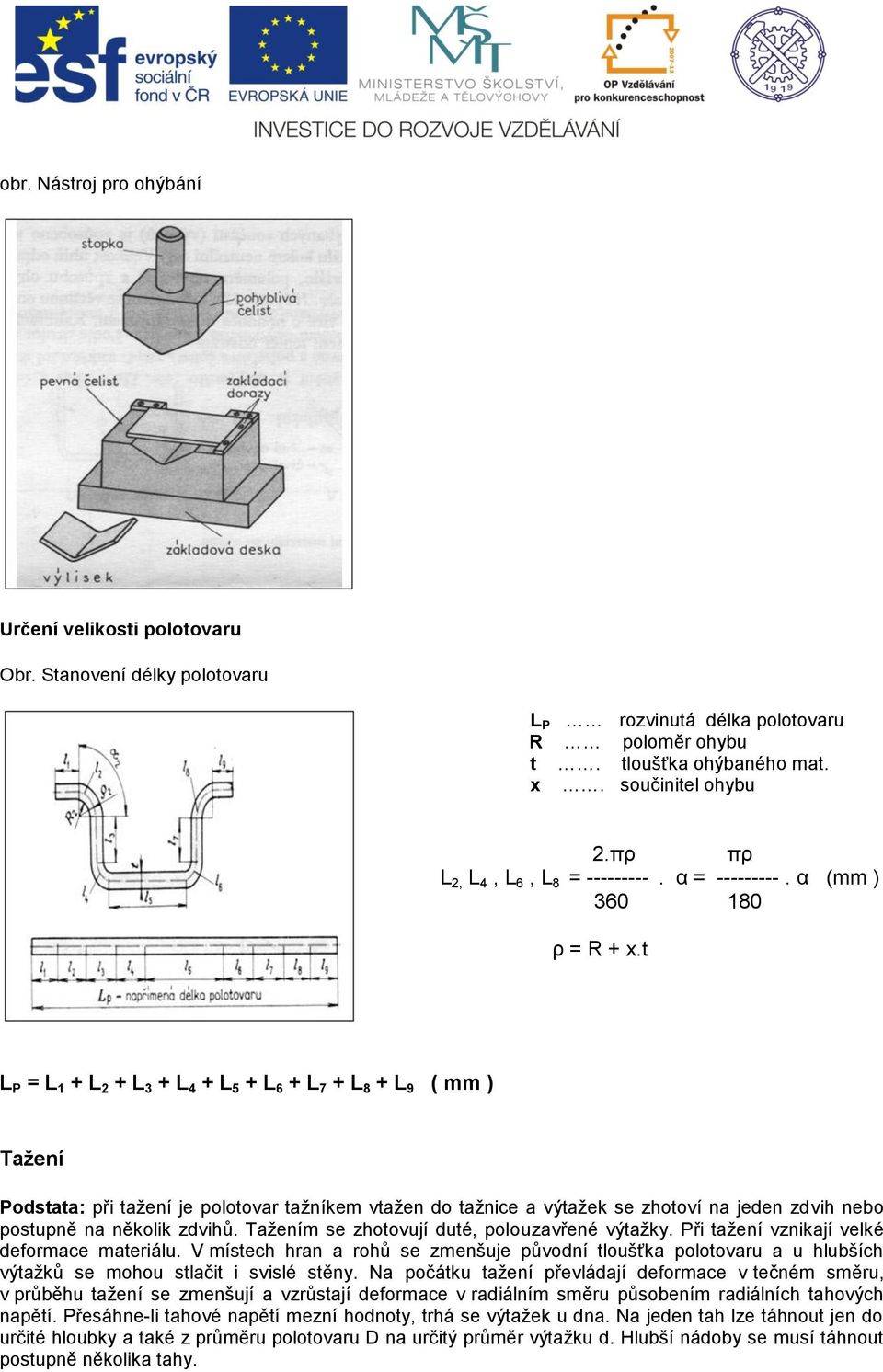 t L P = L 1 + L 2 + L 3 + L 4 + L 5 + L 6 + L 7 + L 8 + L 9 ( mm ) Tažení Podstata: při tažení je polotovar tažníkem vtažen do tažnice a výtažek se zhotoví na jeden zdvih nebo postupně na několik