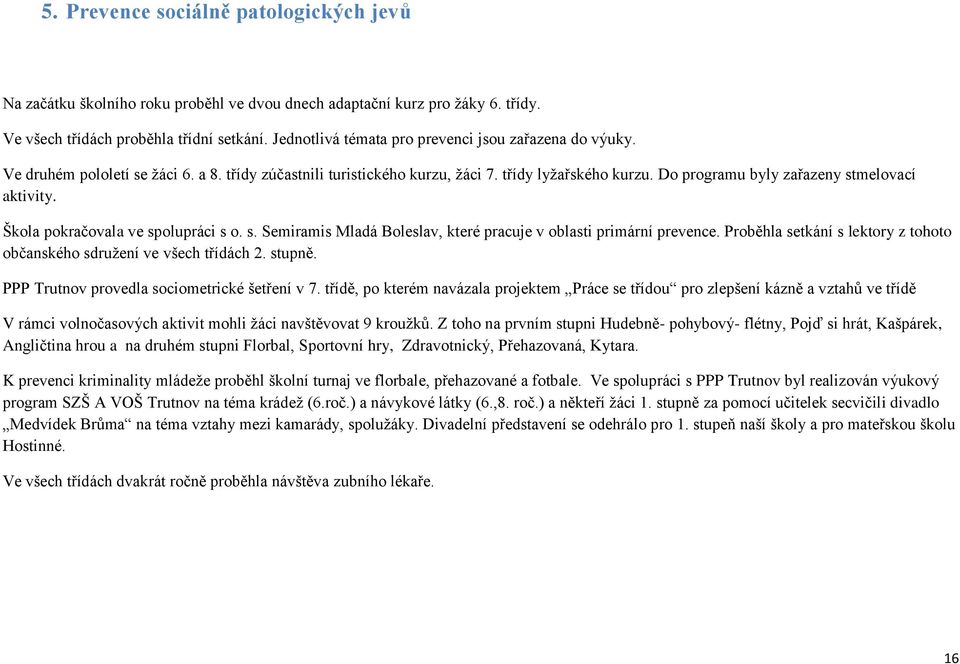 Do programu byly zařazeny stmelovací aktivity. Škola pokračovala ve spolupráci s o. s. Semiramis Mladá Boleslav, které pracuje v oblasti primární prevence.