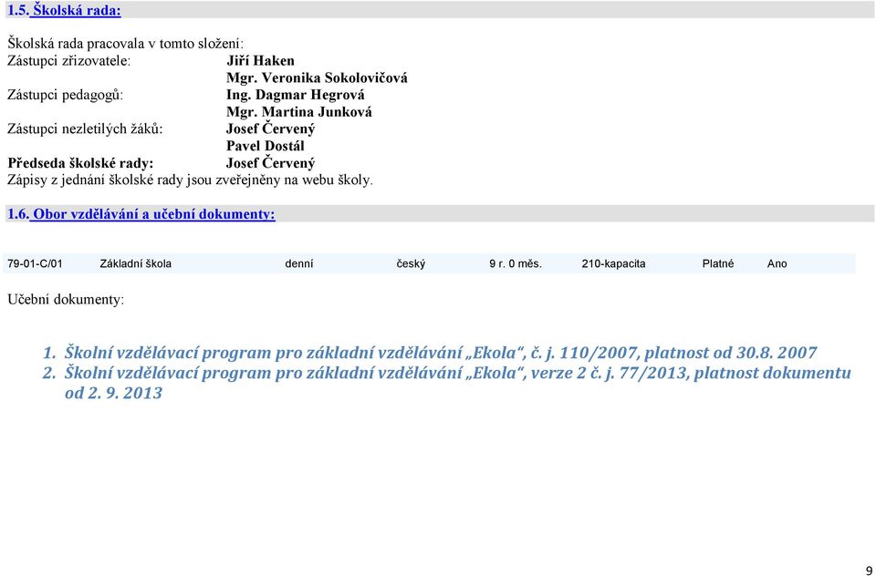 6. Obor vzdělávání a učební dokumenty: 79-01-C/01 Základní škola denní český 9 r. 0 měs. 210-kapacita Platné Ano Učební dokumenty: 1.