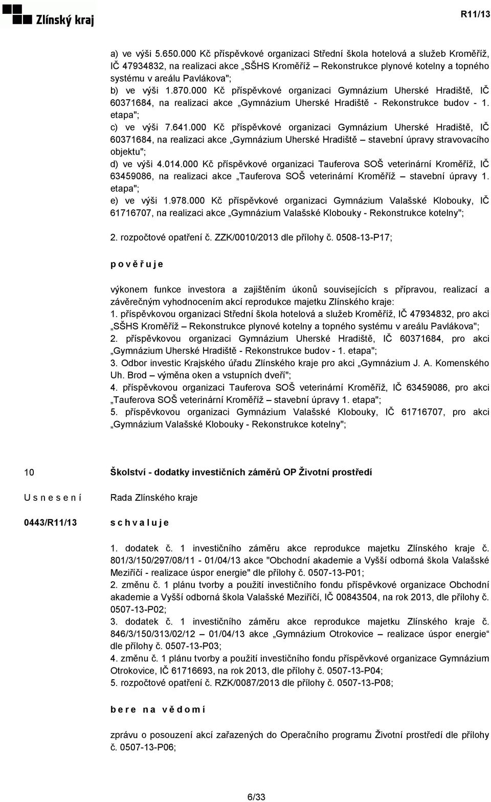 870.000 Kč příspěvkové organizaci Gymnázium Uherské Hradiště, IČ 60371684, na realizaci akce Gymnázium Uherské Hradiště - Rekonstrukce budov - 1. etapa"; c) ve výši 7.641.