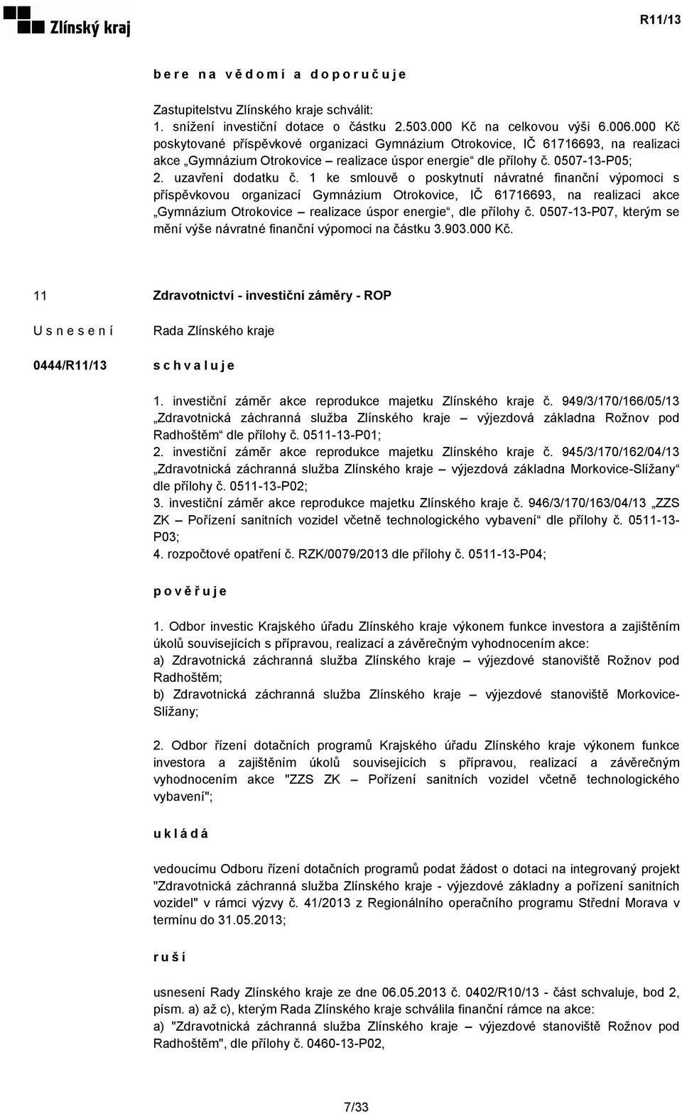 1 ke smlouvě o poskytnutí návratné finanční výpomoci s příspěvkovou organizací Gymnázium Otrokovice, IČ 61716693, na realizaci akce Gymnázium Otrokovice realizace úspor energie, dle přílohy č.