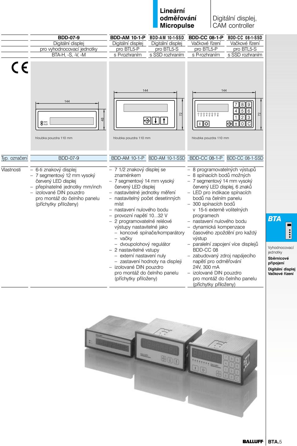 označení BDD-07-9 BDD-AM 10-1- BDD-AM 10-1-SSD BDD-CC 08-1- BDD-CC 08-1-SSD Vlastnosti 6-ti znakový displej 7 segmentový 12 mm vysoký červený LED displej přepínatelné jednotky mm/inch izolované DIN