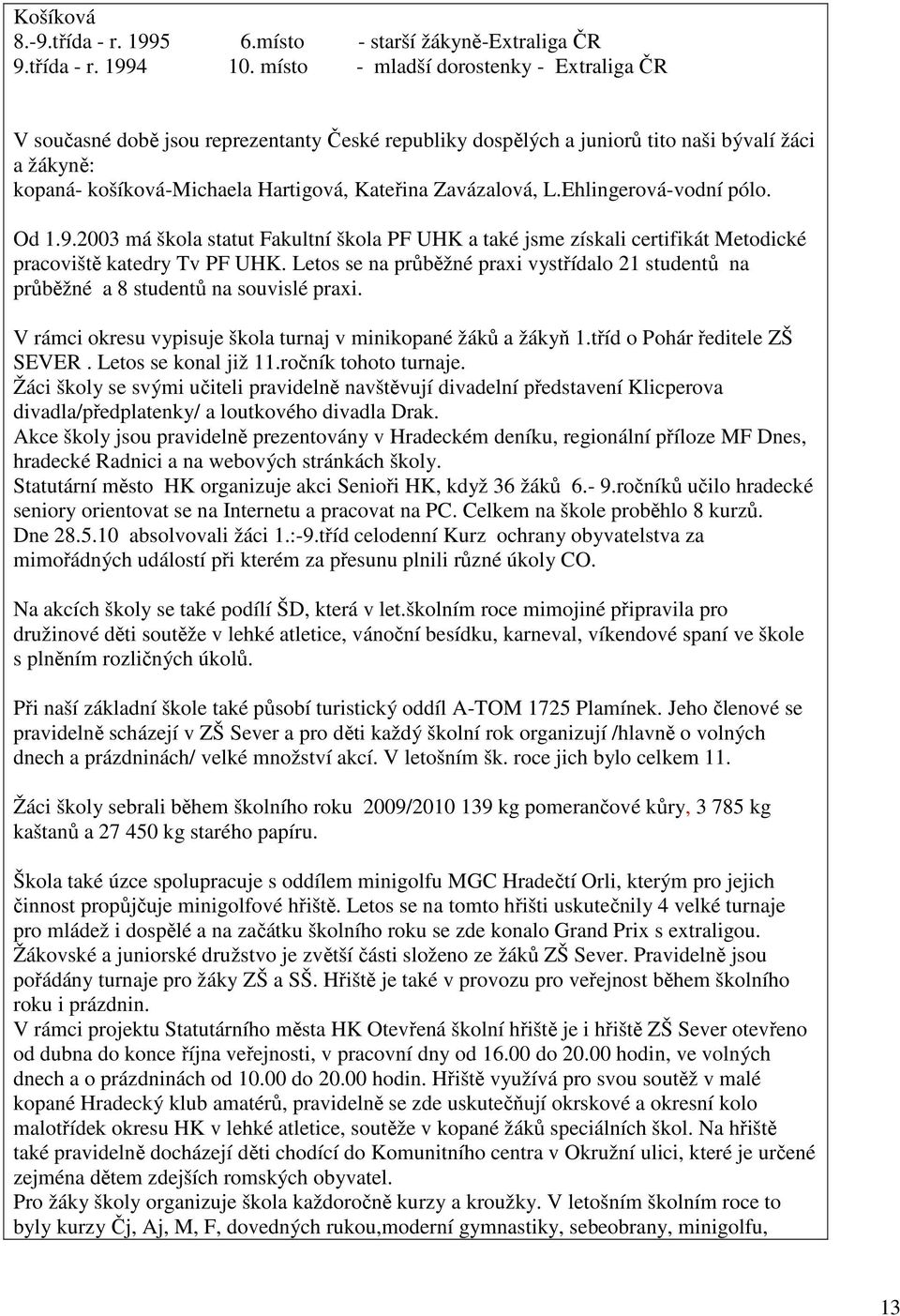 Zavázalová, L.Ehlingerová-vodní pólo. Od 1.9.2003 má škola statut Fakultní škola PF UHK a také jsme získali certifikát Metodické pracoviště katedry Tv PF UHK.