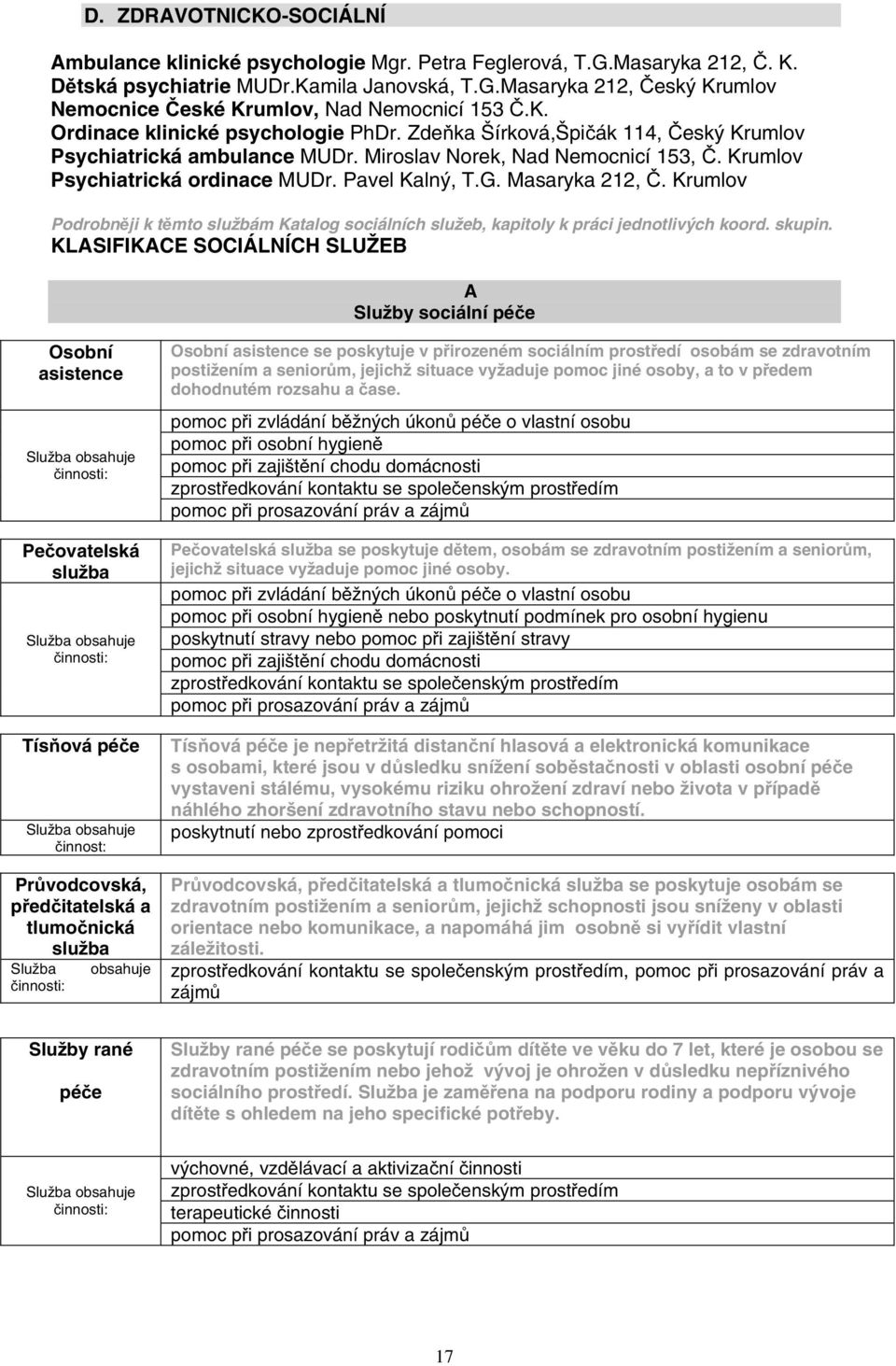 G. Masaryka 212, Č. Krumlov Podrobněji k těmto službám Katalog sociálních služeb, kapitoly k práci jednotlivých koord. skupin.