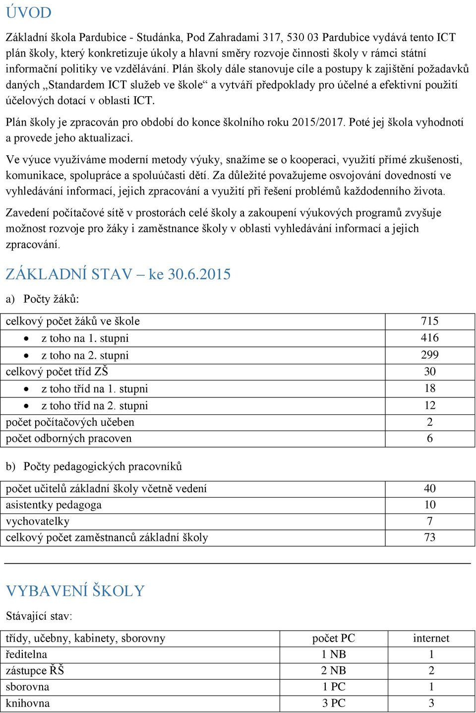 Plán školy dále stanovuje cíle a postupy k zajištění požadavků daných Standardem ICT služeb ve škole a vytváří předpoklady pro účelné a efektivní použití účelových dotací v oblasti ICT.