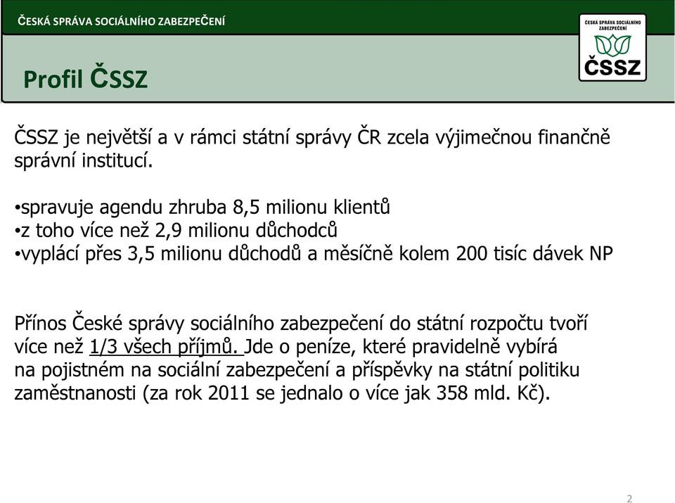 200 tisíc dávek NP Přínos České správy sociálního zabezpečení do státní rozpočtu tvoří více než 1/3 všech příjmů.