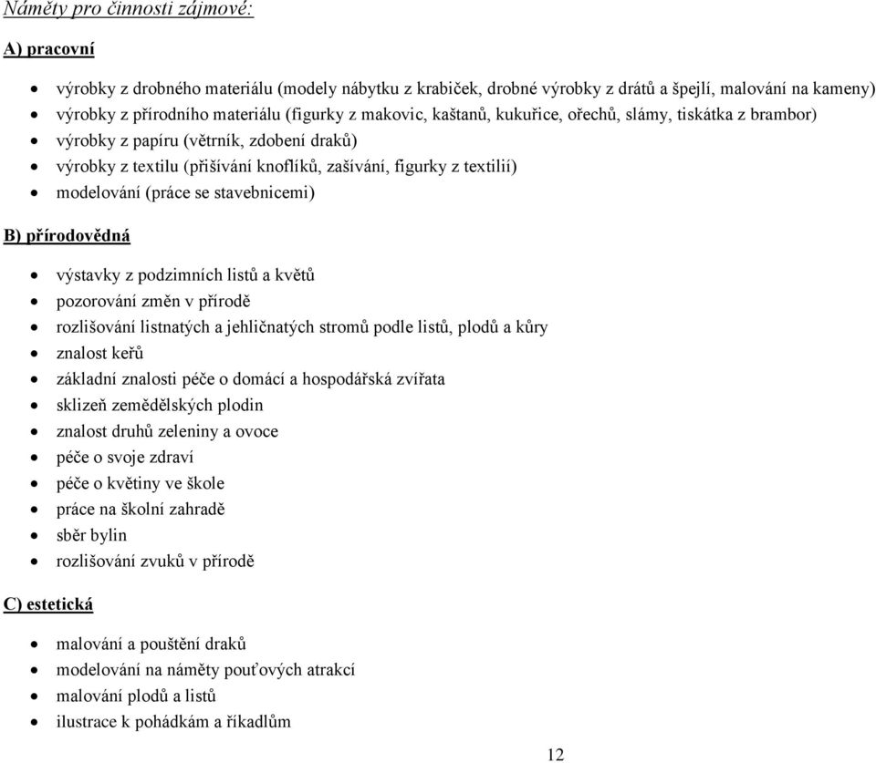 stavebnicemi) B) přírodovědná výstavky z podzimních listů a květů pozorování změn v přírodě rozlišování listnatých a jehličnatých stromů podle listů, plodů a kůry znalost keřů základní znalosti péče