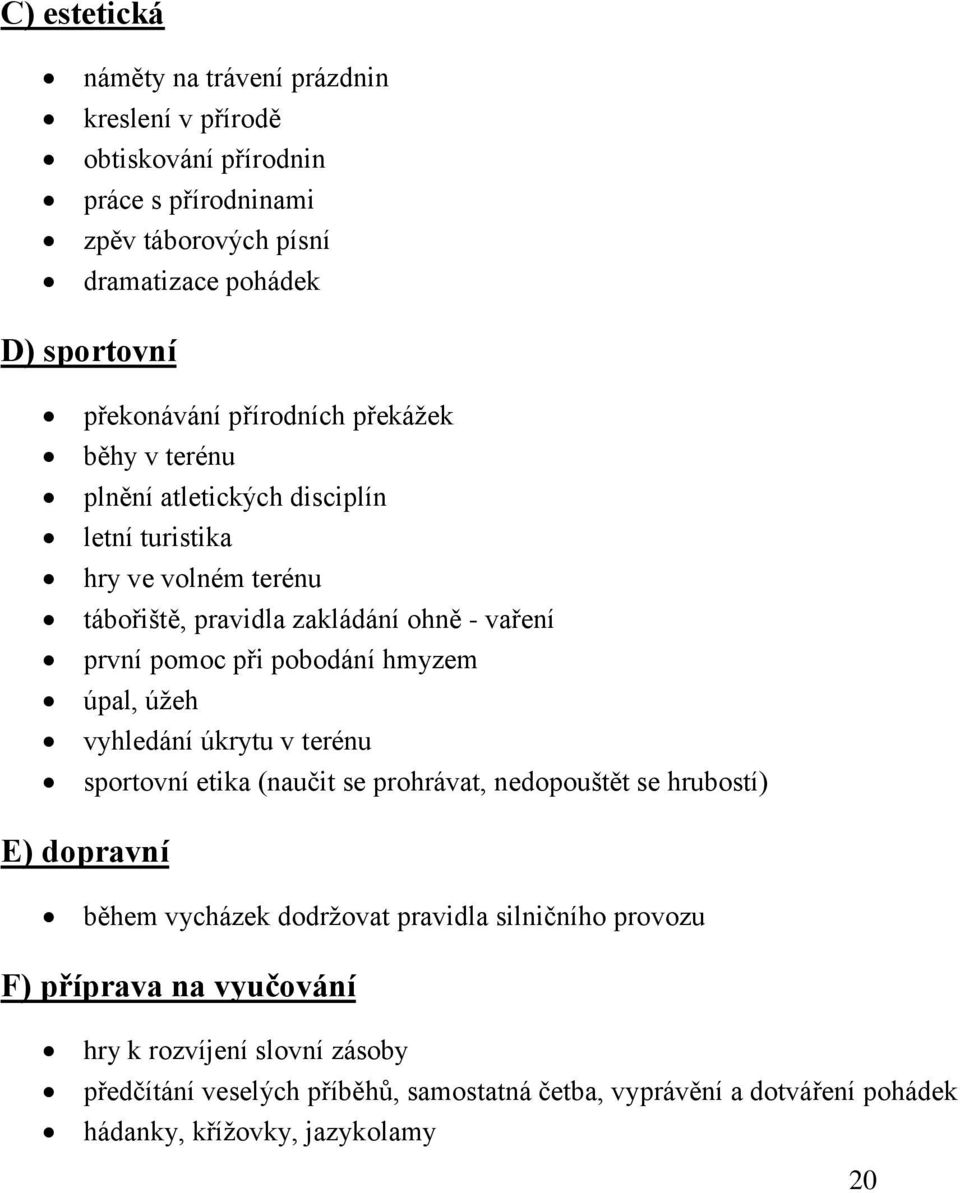 hmyzem úpal, úžeh vyhledání úkrytu v terénu sportovní etika (naučit se prohrávat, nedopouštět se hrubostí) E) dopravní během vycházek dodržovat pravidla silničního