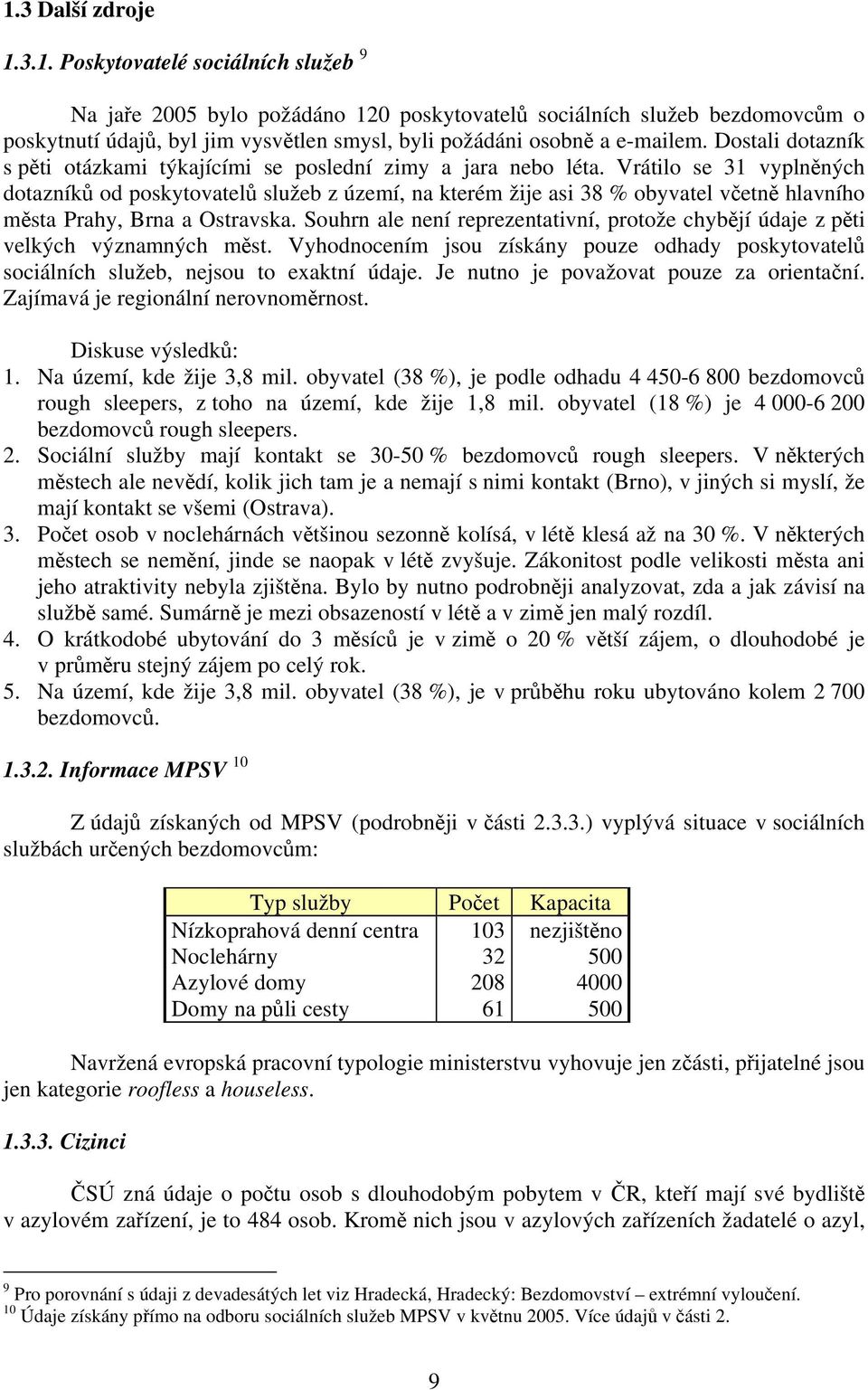 Vrátilo se 31 vyplněných dotazníků od poskytovatelů služeb z území, na kterém žije asi 38 % obyvatel včetně hlavního města Prahy, Brna a Ostravska.