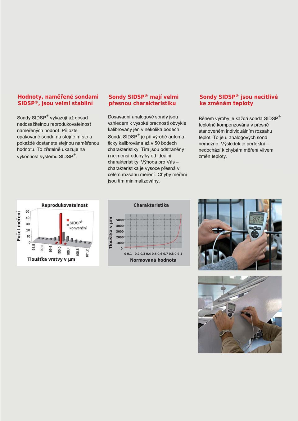 Dosavadní analogové sondy jsou vzhledem k vysoké pracnosti obvykle kalibrovány jen v několika bodech. Sonda SIDSP je při výrobě automaticky kalibrována až v 50 bodech charakteristiky.