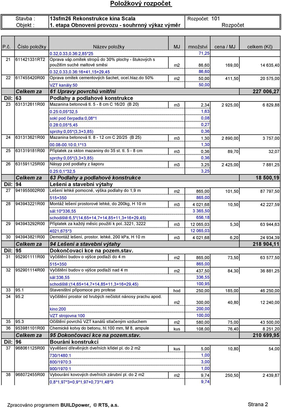 hlaz.do 50% m2 50,00 411,50 20 575,00 VZT kanály:50 50,00 Celkem za 61 Upravy povrchů vnitřní 227 006,27 Díl: 63 Podlahy a podlahové konstrukce 23 631312611R00 Mazanina betonová tl.