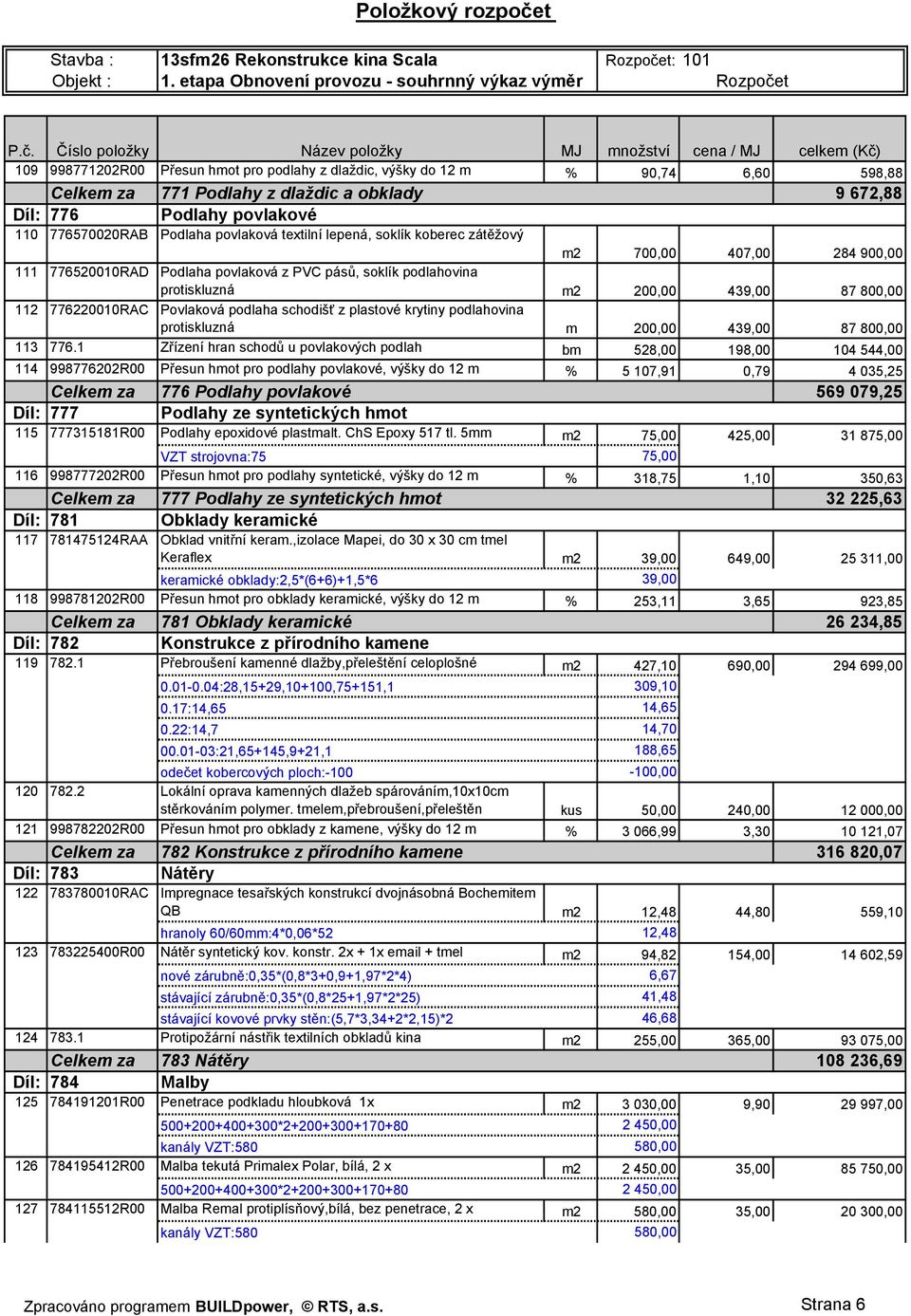 t: 101 1. etapa Obnovení provozu - souhrnný výkaz výměr Rozpoče