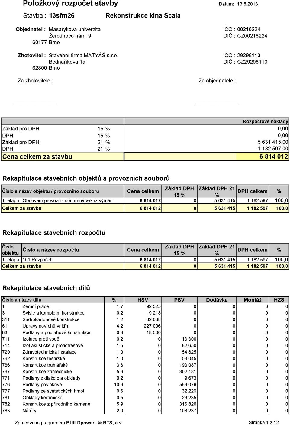 Zhotovitel : Stavební firma MATYÁŠ s.r.o. IČO : 29298113 Bednaříkova 1a DIČ : CZ29298113 62800 Brno Za zhotovitele : Za objednatele : Základ pro DPH 15 % DPH 15 % Základ pro DPH 21 % DPH 21 % Cena