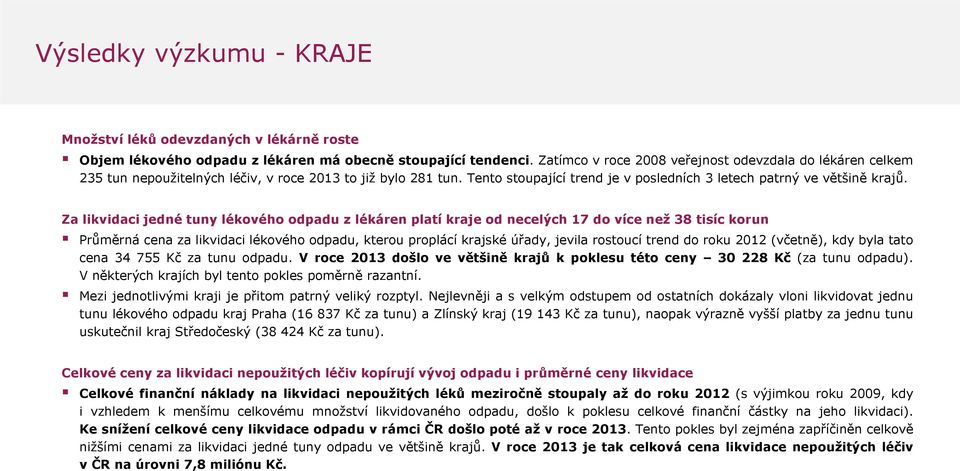 Za likvidaci jedné tuny lékového odpadu z lékáren platí kraje od necelých 17 do více než 38 tisíc korun Průměrná cena za likvidaci lékového odpadu, kterou proplácí krajské úřady, jevila rostoucí