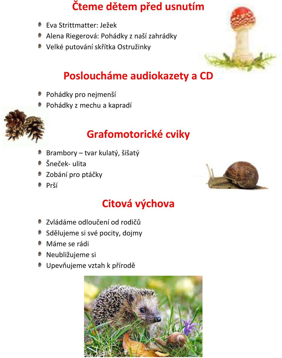 Grafomotorické cviky Brambory tvar kulatý, šišatý Šneček- ulita Zobání pro ptáčky Prší Citová výchova