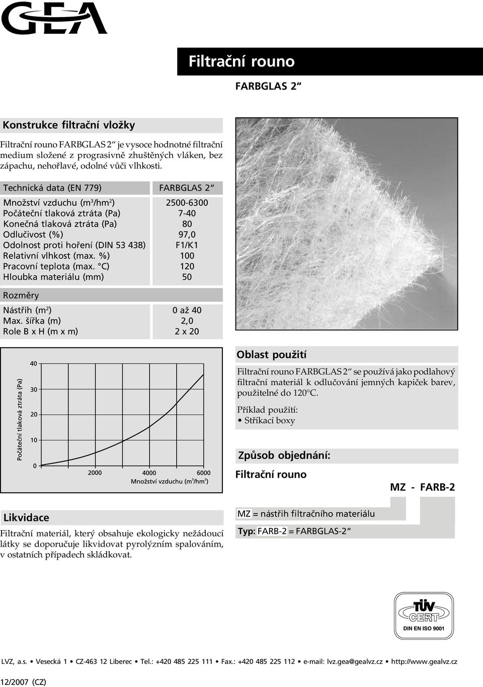 Technická data (EN 779) FARBGLAS 2 Množství vzduchu (m 3 /hm 2 ) 2500-6300 Počáteční tlaková ztráta (Pa) 7-40 Konečná tlaková ztráta (Pa) 80 Odlučivost (%) 97,0 Odolnost proti hoření (DIN 53 438)